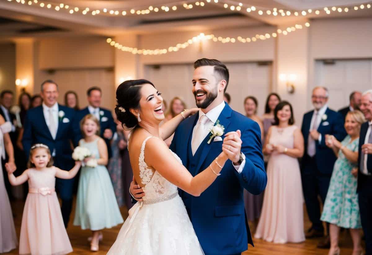 A bride and groom laugh as they dance in a beautifully decorated reception hall, surrounded by happy guests and twinkling lights