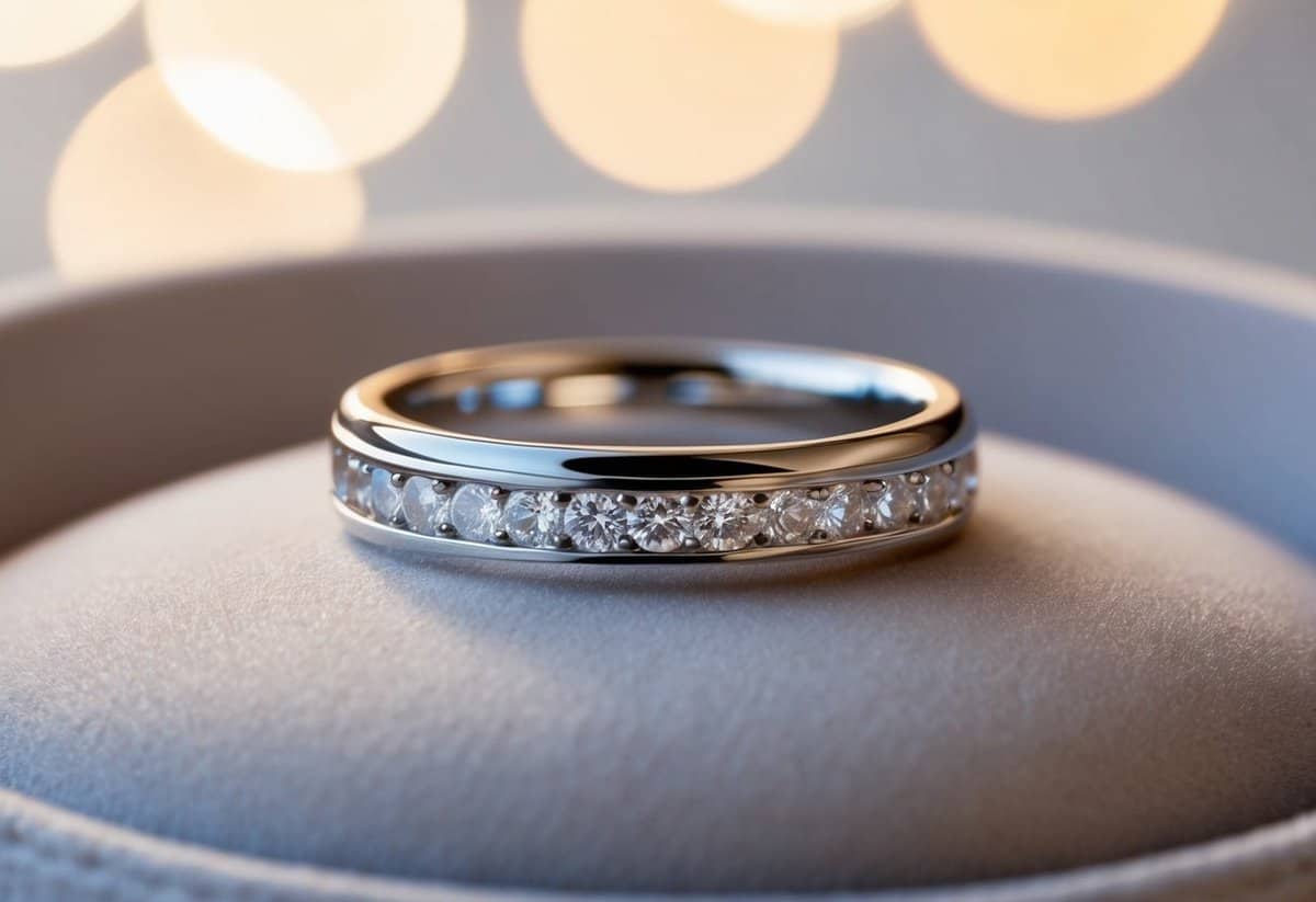 A close-up view of a 1.5mm Tiffany Classic Wedding Band resting on a soft, plush surface, with gentle lighting casting a subtle glow on the ring