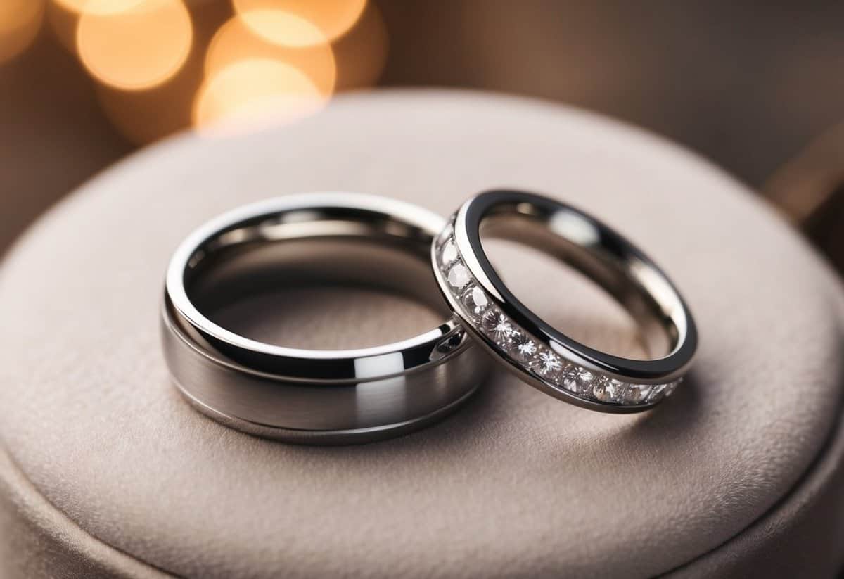 A close-up of two platinum wedding rings on a soft, cushioned surface, with a warm, romantic lighting