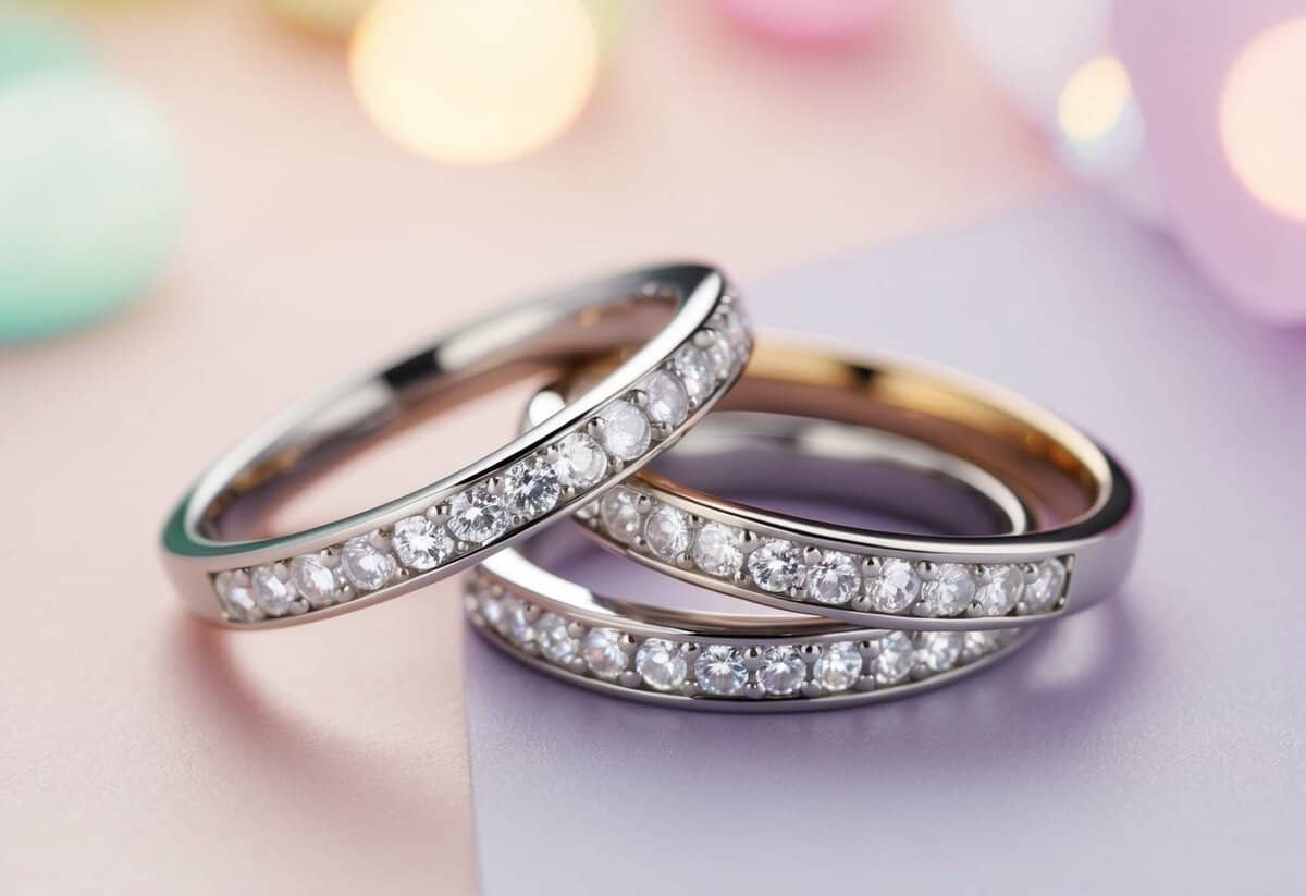 A close-up of two elegant, intertwined rings with sparkling gemstones, set against a soft, pastel background