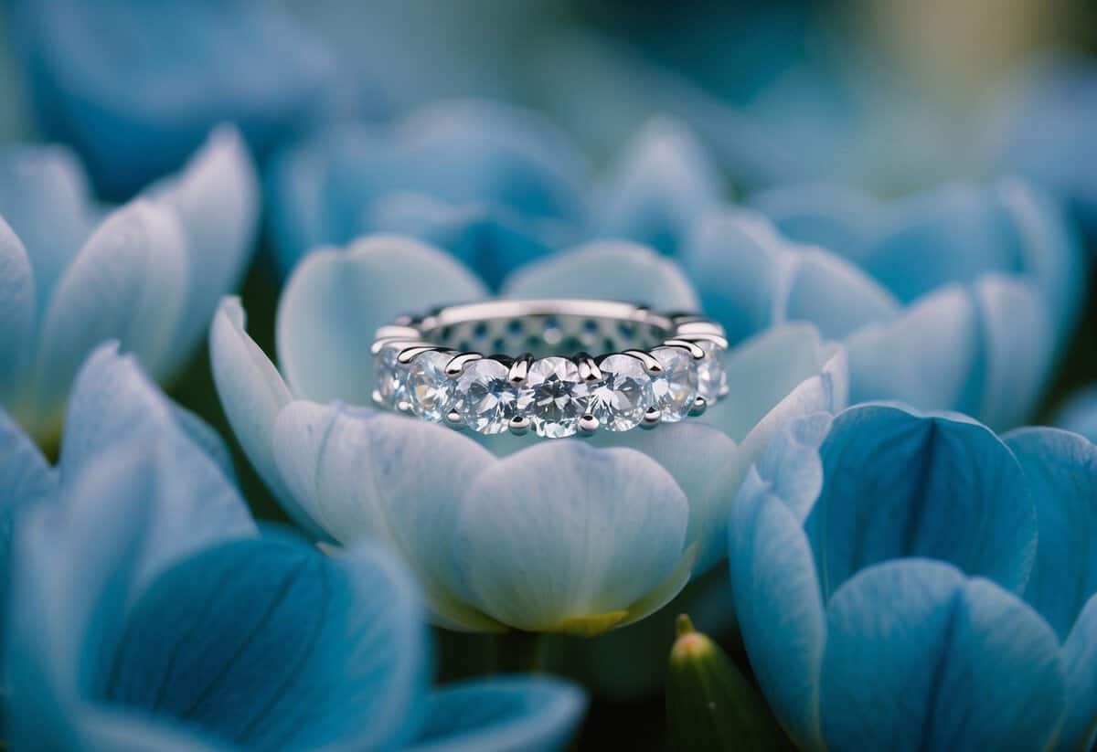 A sparkling diamond eternity ring nestled among soft, plump petals in a serene, blue-hued garden