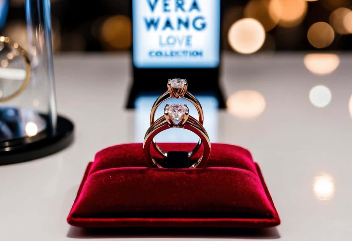 A display of Vera Wang LOVE Collection wedding rings on a velvet cushioned stand