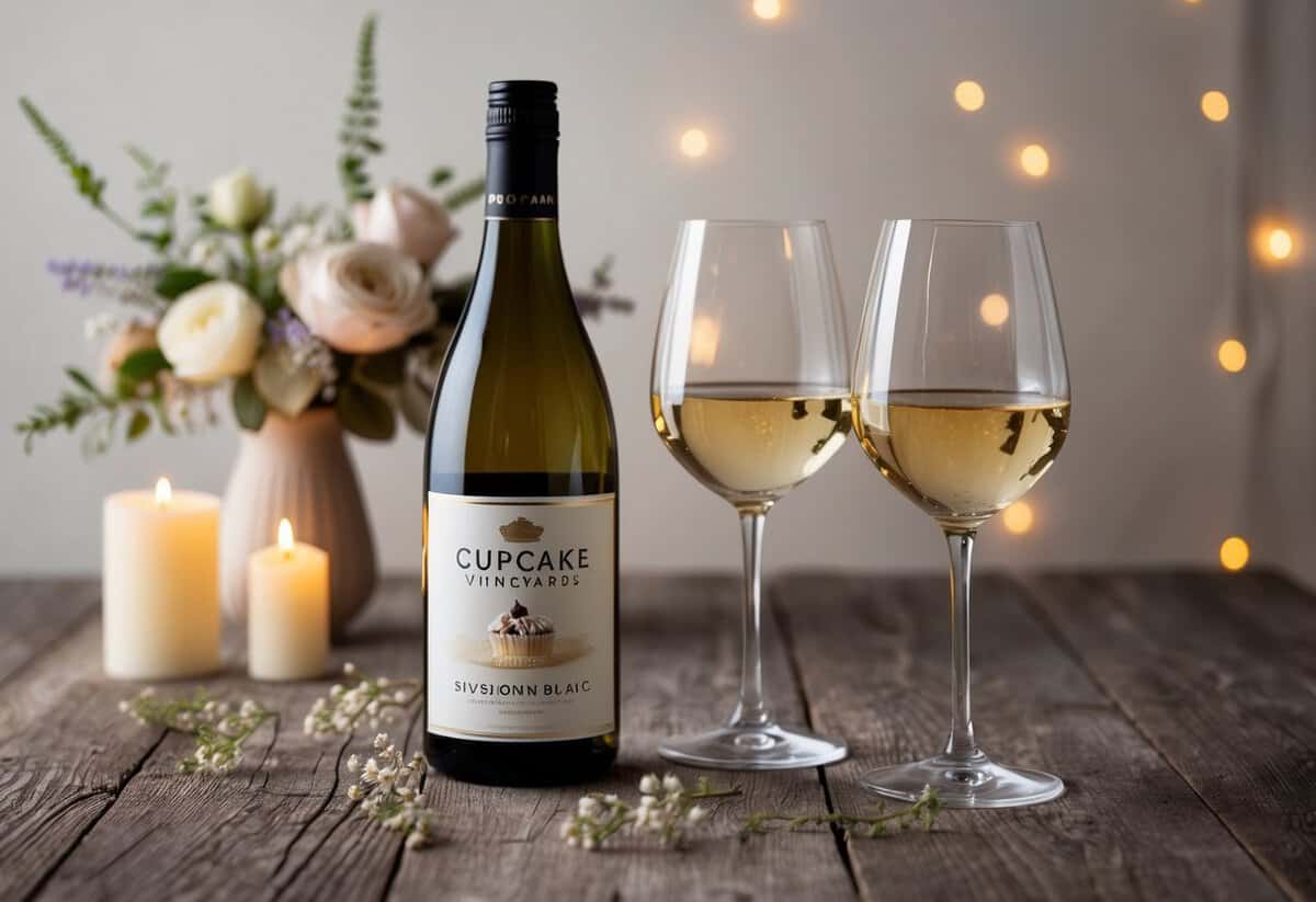 A bottle of Cupcake Vineyards Sauvignon Blanc sits on a rustic wooden table next to a pair of elegant wine glasses, surrounded by soft candlelight and delicate floral arrangements