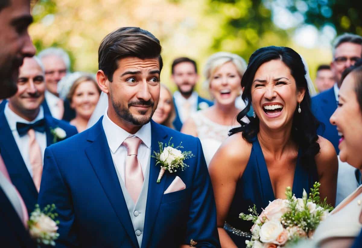 A groom with a puzzled expression while his wife laughs, surrounded by wedding guests