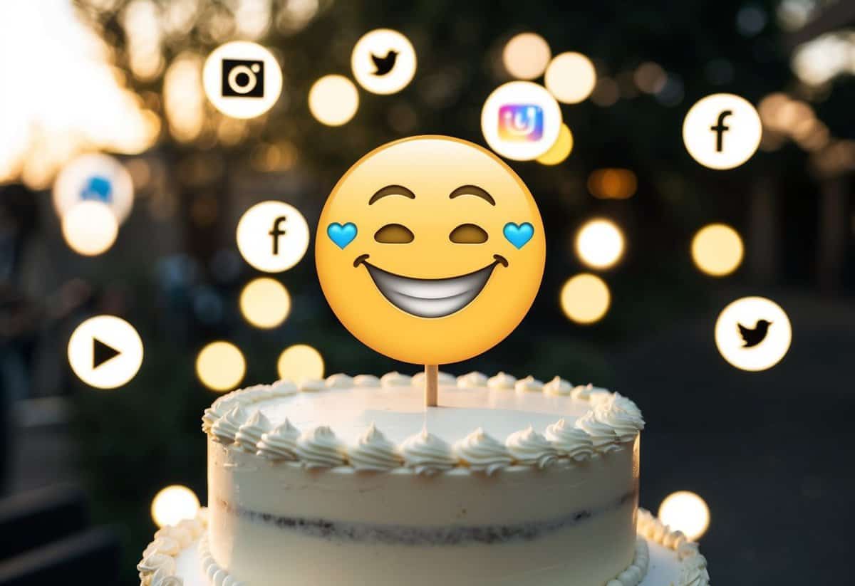 A wedding cake with a smiling emoji on top, surrounded by glowing social media icons