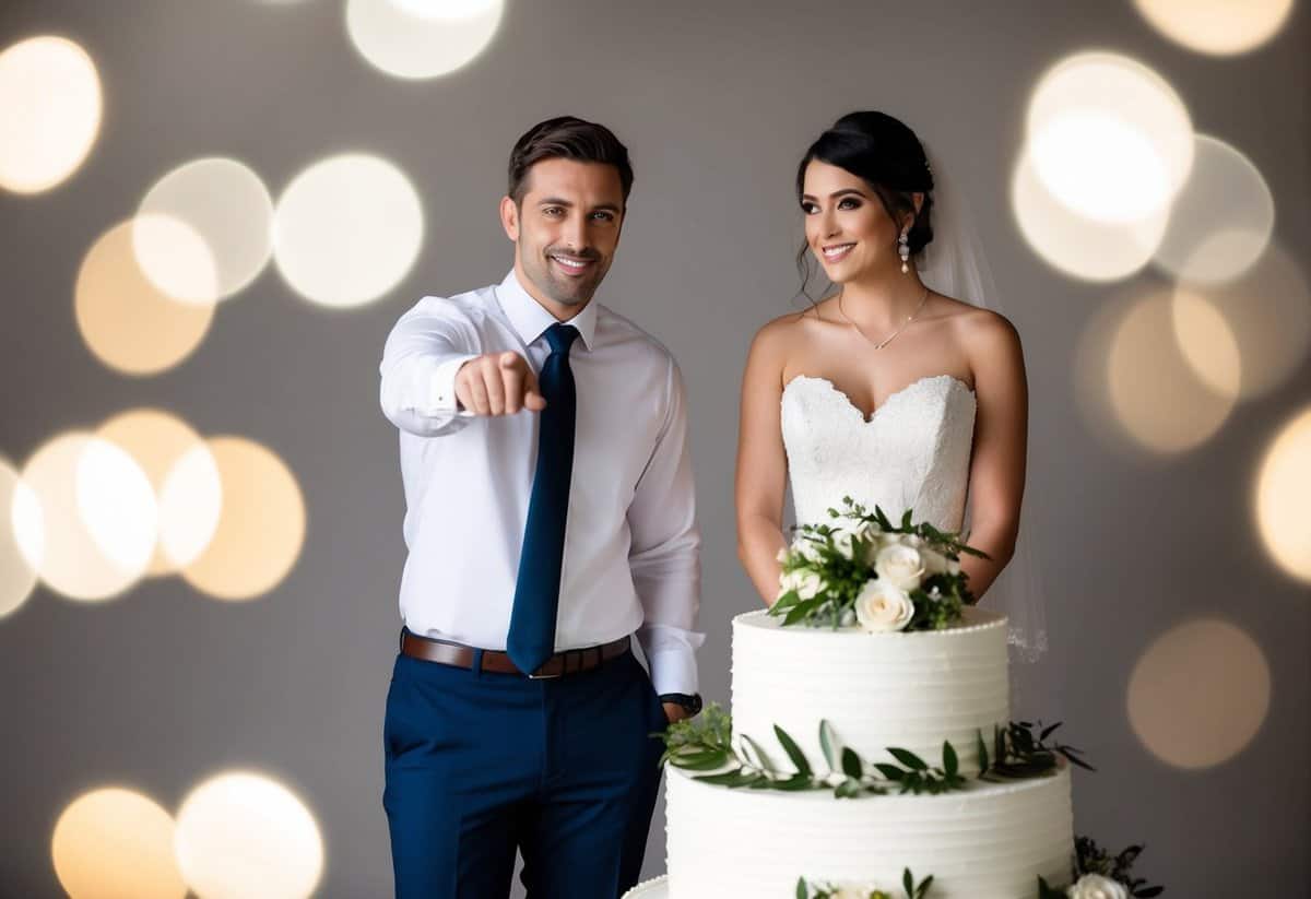 A couple standing on a wedding cake, with the bride pointing and the groom looking sheepish