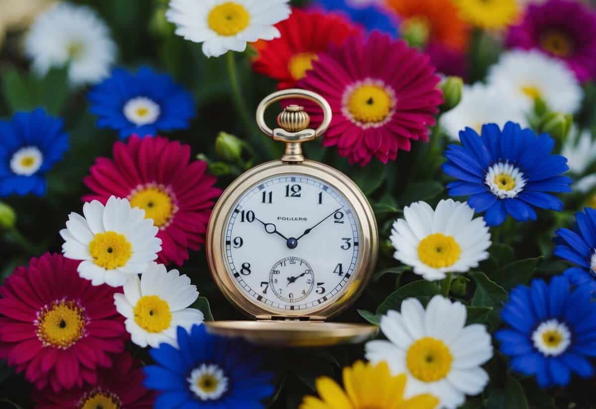 A vintage pocket watch nestled among colorful, modern flowers