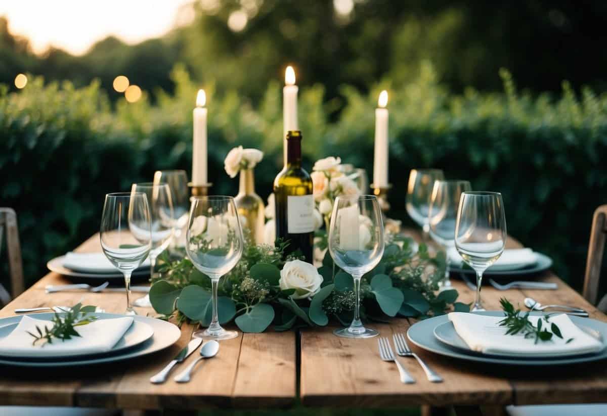 A rustic wedding table set with elegant wine glasses and bottles, surrounded by lush greenery and soft candlelight