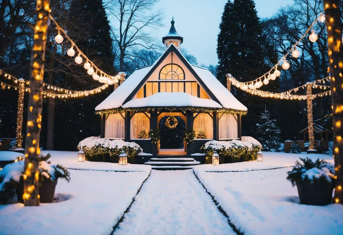 A snowy outdoor wedding with the Alvantor Winter Screen House as the centerpiece, surrounded by twinkling lights and festive decorations