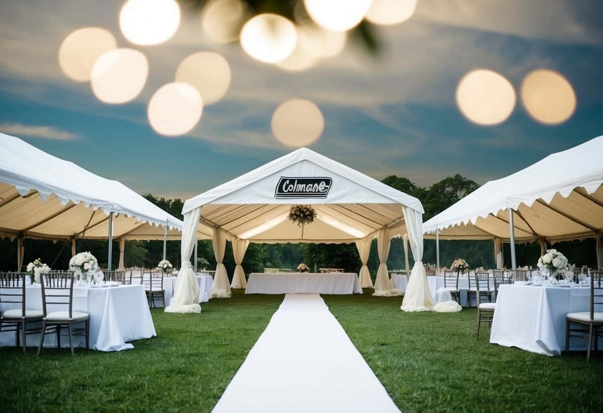 A picturesque outdoor wedding venue with a Coleman Event Shelter as the focal point, surrounded by elegant wedding tents