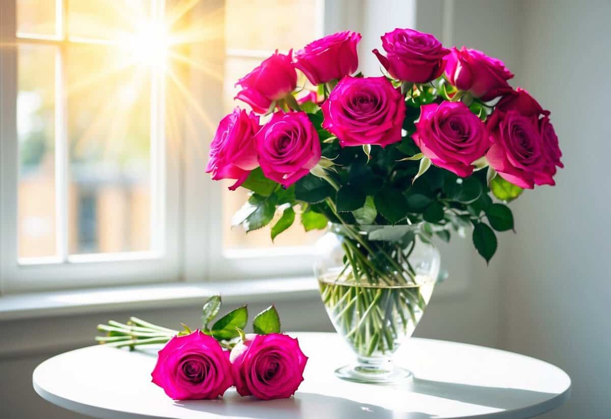 A bouquet of vibrant roses arranged in a glass vase on a white table. Sunshine streams through a nearby window, casting a warm glow on the flowers