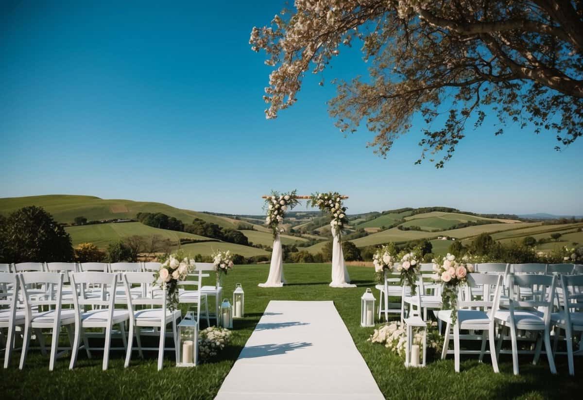 A serene outdoor wedding venue with blooming flowers and a picturesque backdrop of rolling hills and a clear blue sky