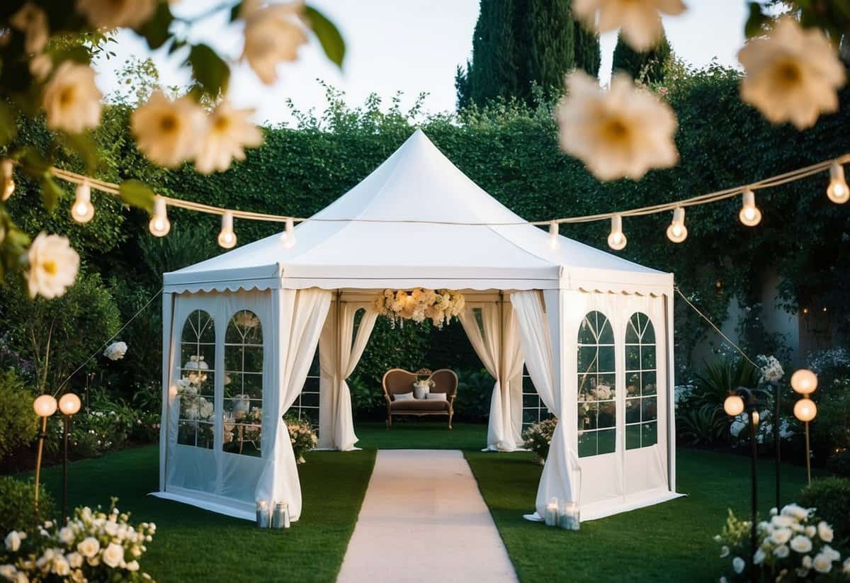 A Quictent Privacy Pop Up wedding tent stands tall in a lush garden, adorned with flowers and romantic lighting