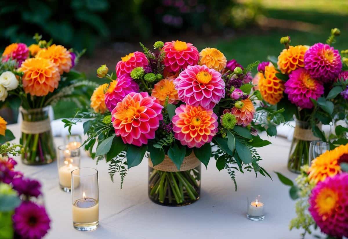 Vibrant dahlias arranged in a bouquet, with greenery and other blooms, set on a table for an August wedding centerpiece