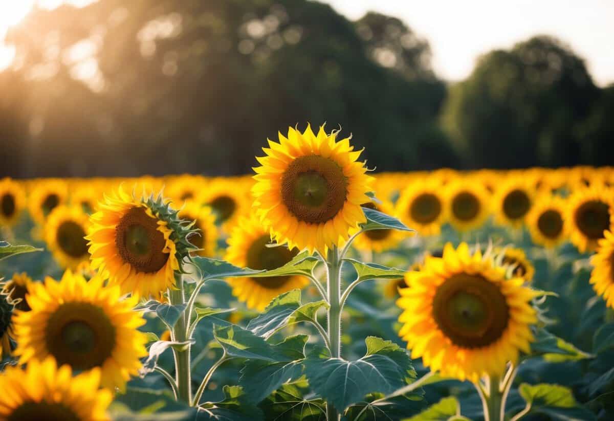 A field of sunflowers basking in the warm August sunlight, their vibrant yellow petals creating a stunning backdrop for a wedding