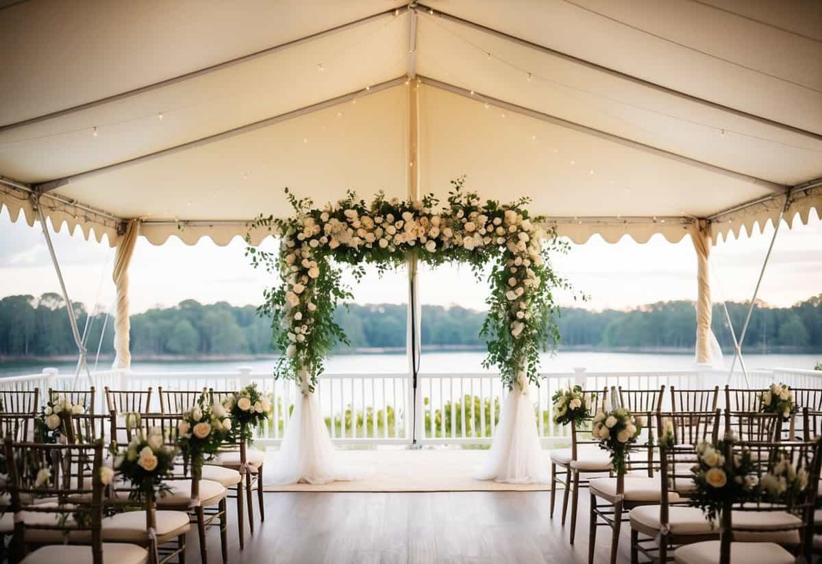 A Lotus Belle Tent stands adorned with flowers, set against a picturesque backdrop, ready for a wedding celebration