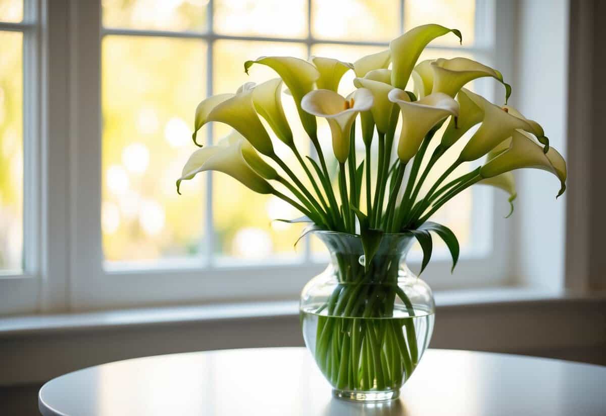 A bouquet of calla lilies in a vase on a table, with soft sunlight streaming through a window, creating a warm and romantic atmosphere