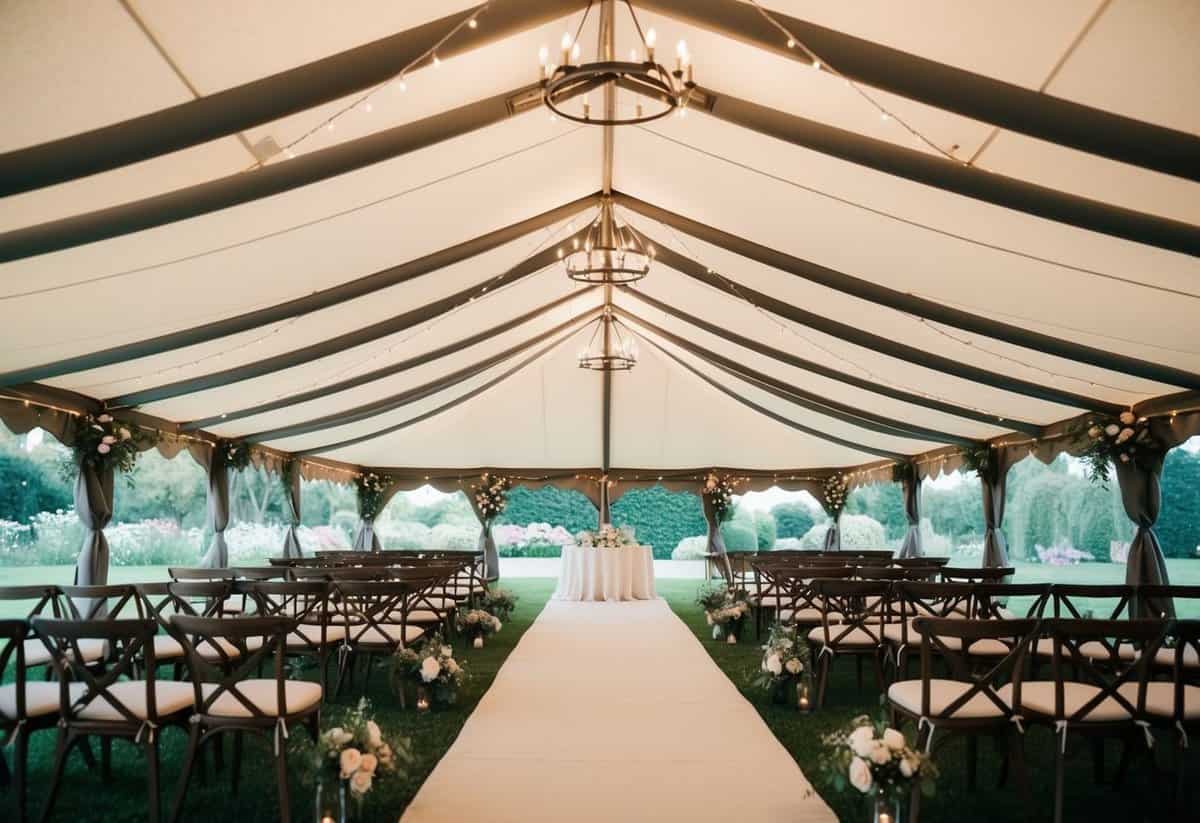 A spacious Kodiak Flex-Bow Canvas Tent set up in a picturesque outdoor wedding venue, surrounded by lush greenery and blooming flowers