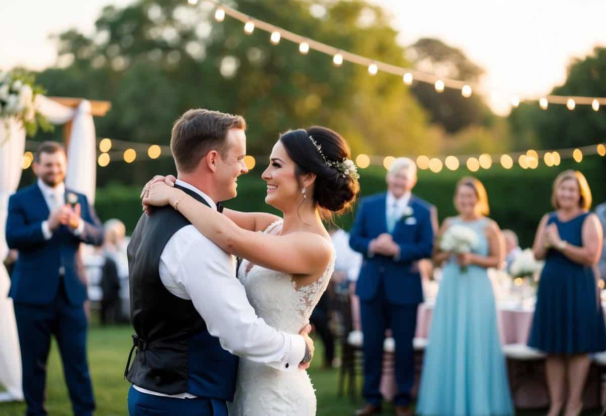 A professional wedding videographer capturing a couple's first dance at a beautiful outdoor wedding venue with soft, romantic lighting