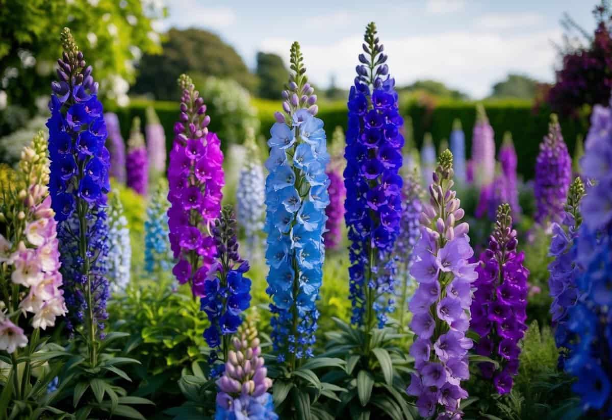 A lush garden filled with vibrant delphiniums in various shades of blue and purple, creating a beautiful backdrop for an August wedding