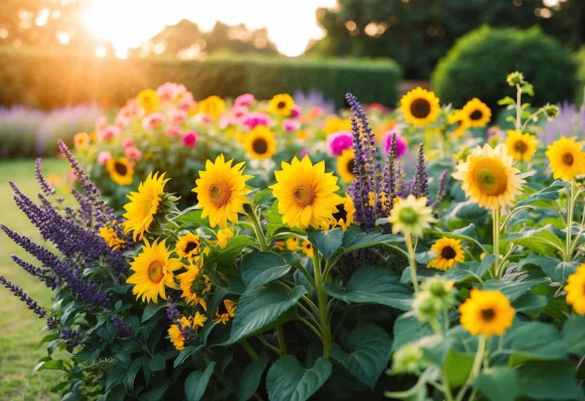 A lush garden filled with vibrant dahlias, sunflowers, and lavender, bathed in warm sunlight, creating the perfect backdrop for an August wedding