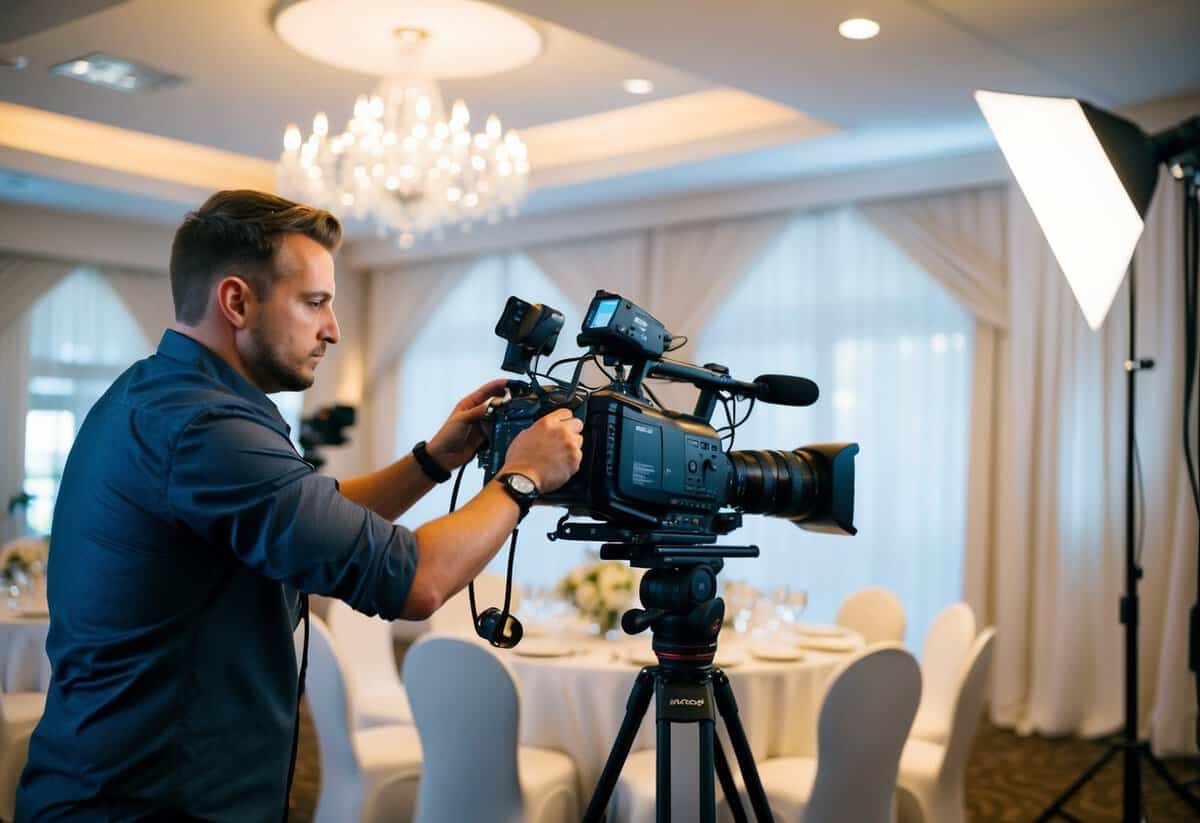 A videographer setting up equipment at a wedding venue, adjusting camera angles and testing lighting for the perfect shot