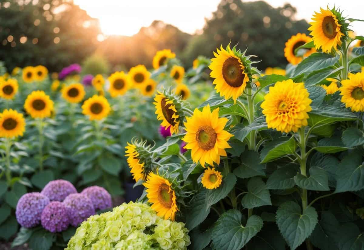 A lush garden with sunflowers, dahlias, and hydrangeas in full bloom, set against a backdrop of warm August sunlight