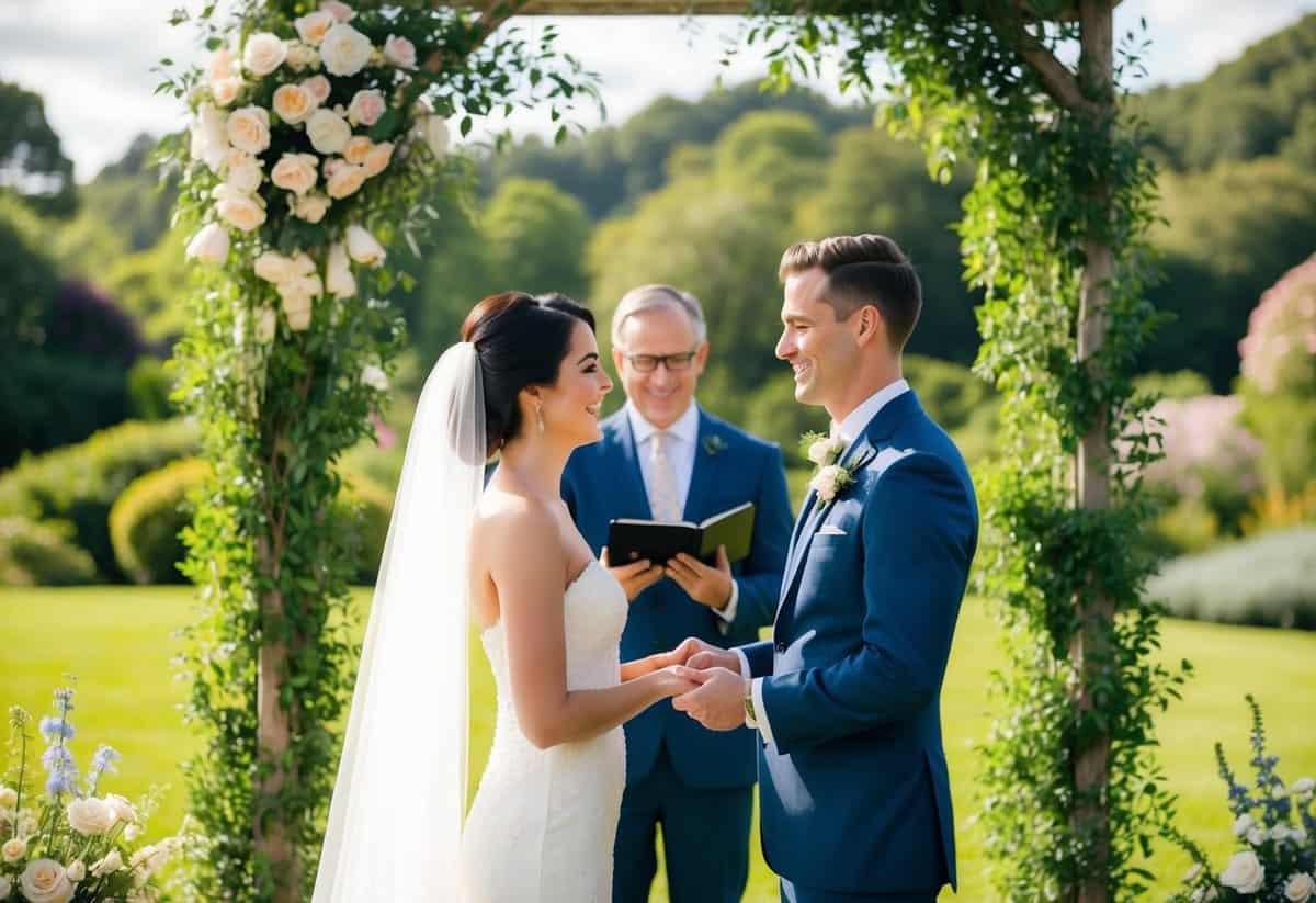 A couple exchanging vows in a picturesque outdoor setting, surrounded by lush greenery and blooming flowers, with a professional videographer capturing every heartfelt moment