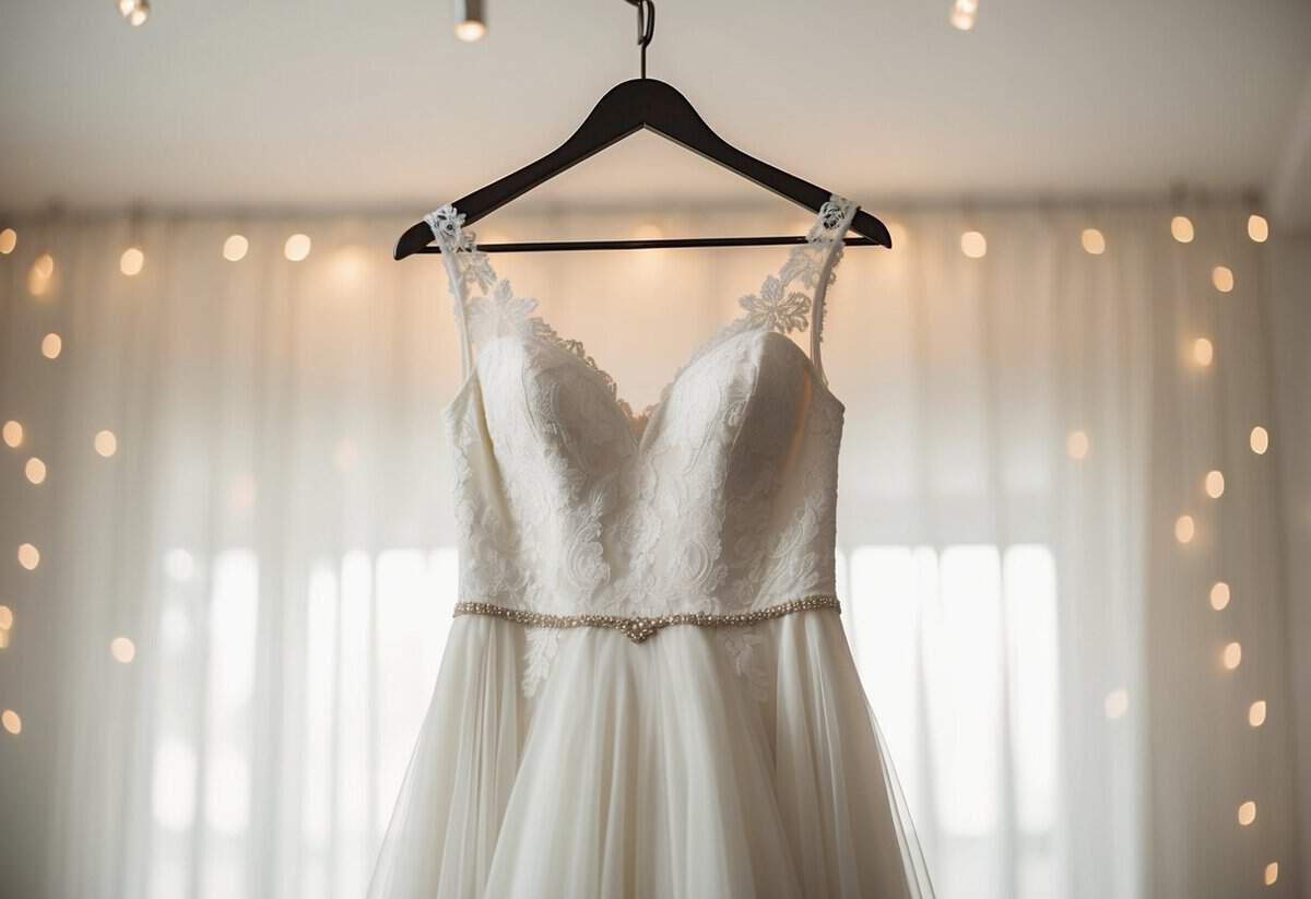 A wedding dress hanging on a hanger, surrounded by soft lighting and delicate lace details