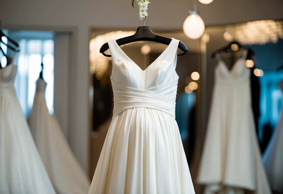 An A-line wedding dress hangs on a mannequin, with a cinched waist and flowing skirt, perfect for accommodating a big belly