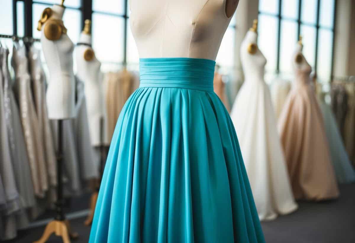 An empire waist gown drapes elegantly over a mannequin, accentuating the fullness of the belly while still maintaining a flattering silhouette