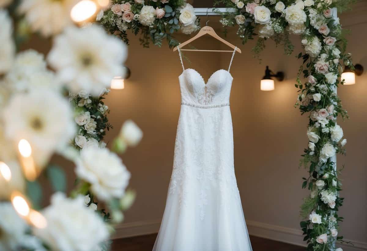 A beautifully displayed wedding dress on a hanger, surrounded by soft lighting and delicate floral arrangements