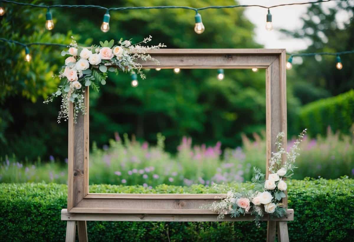 A rustic wooden frame stands against a backdrop of lush greenery, adorned with delicate flowers and twinkling fairy lights