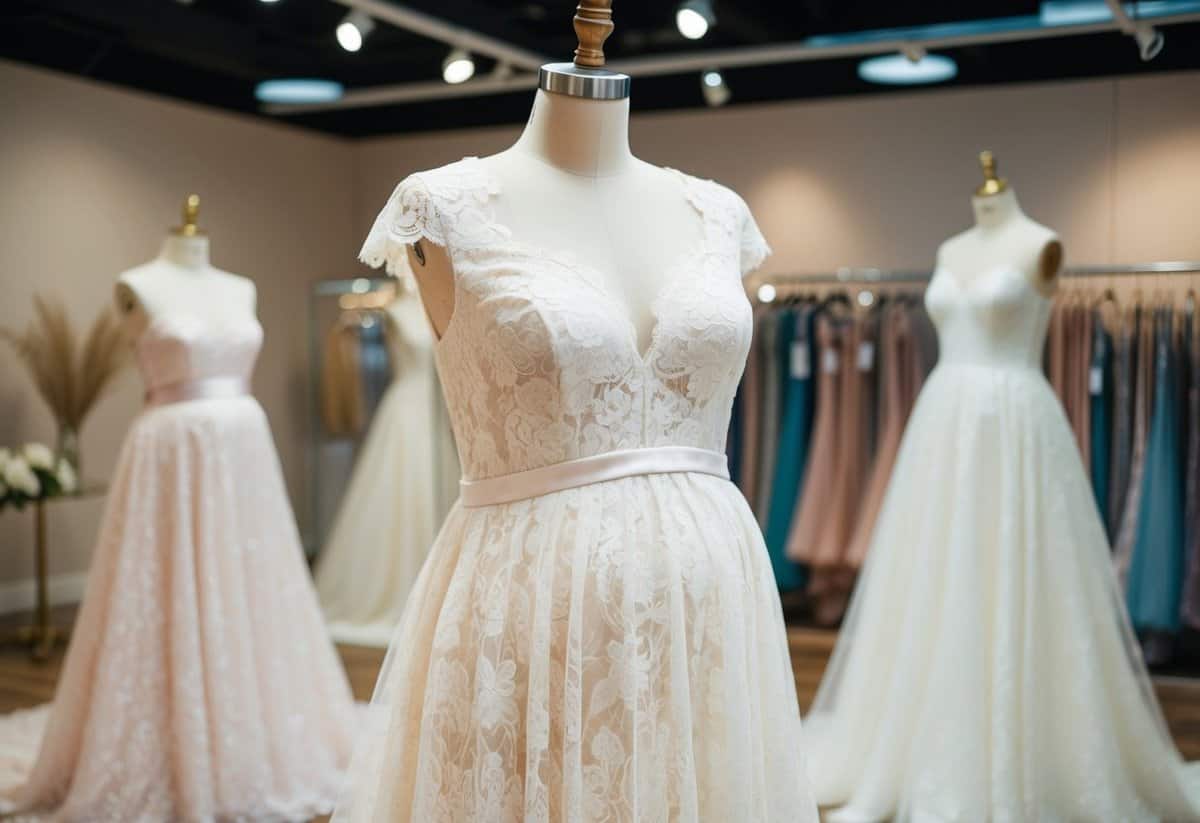 An A-line lace dress on a mannequin, with a gentle flow and flattering silhouette for a big belly, displayed in a bridal boutique