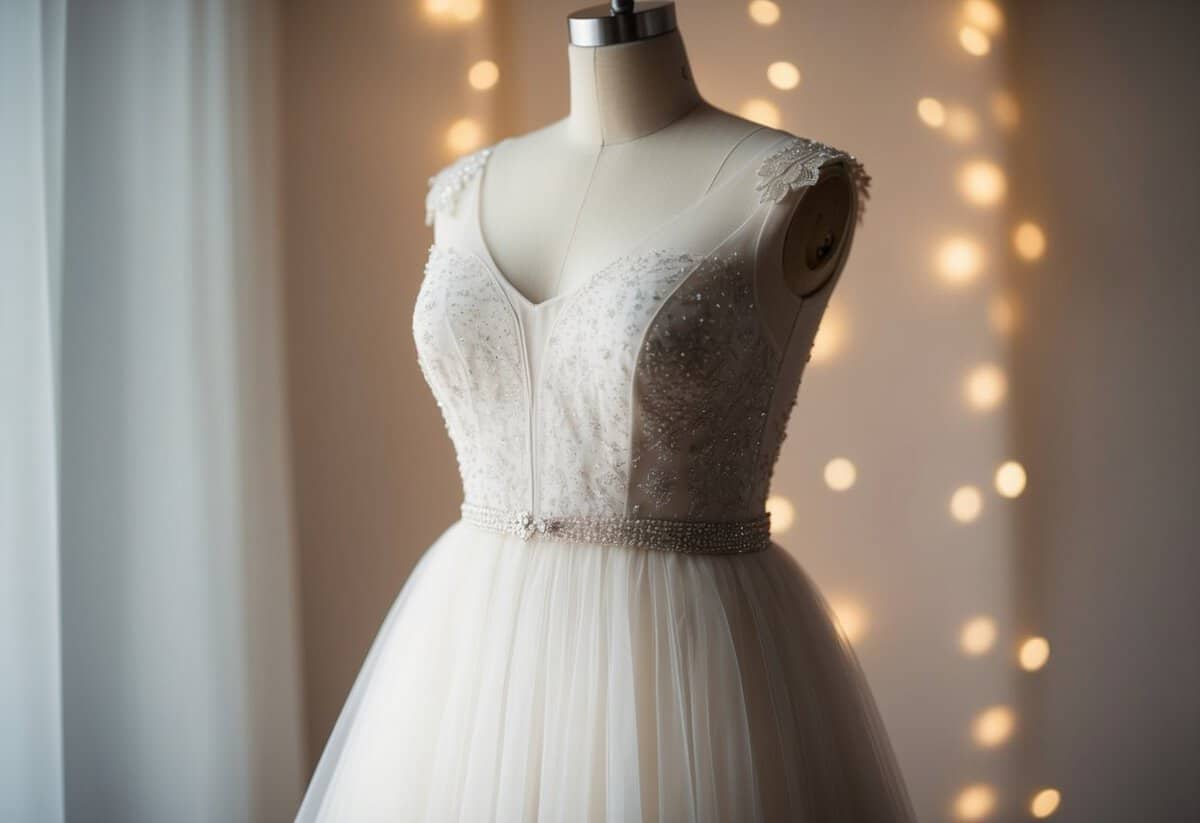 A flowing empire waist tulle dress on a mannequin, accented with delicate lace and beading, set against a backdrop of soft, romantic lighting