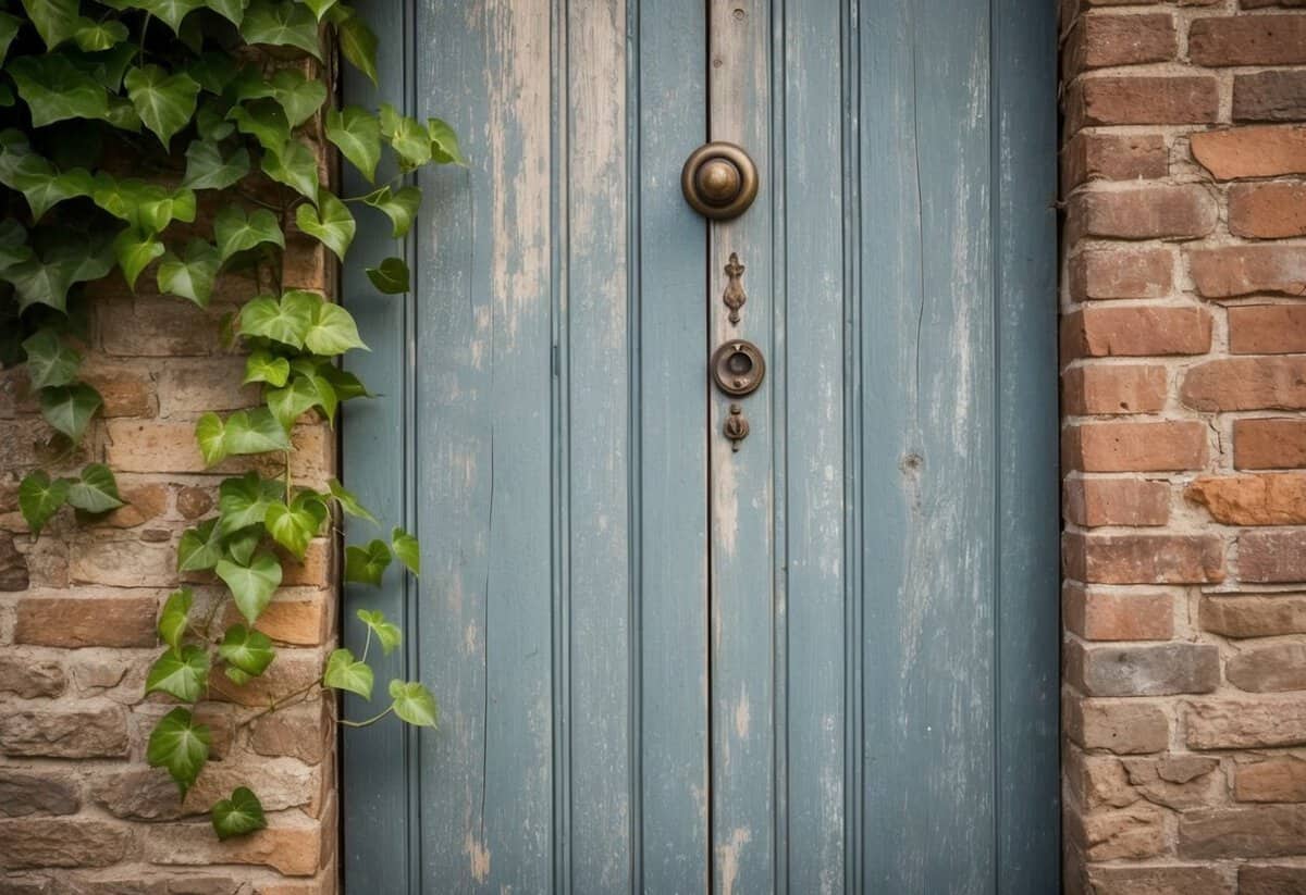 A weathered vintage door stands against a rustic brick wall, adorned with climbing ivy and a worn brass doorknob