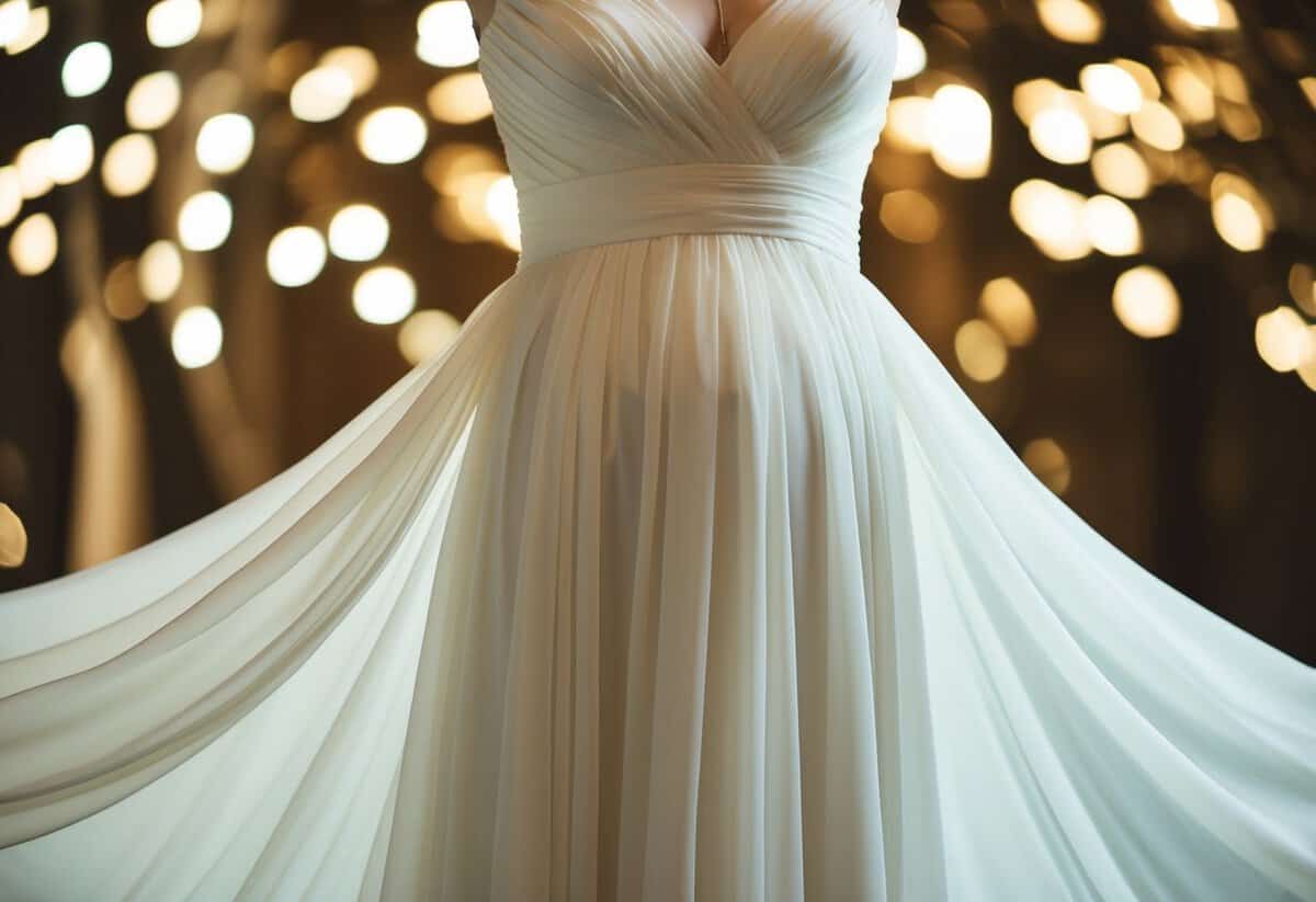 A flowing chiffon dress with an empire waist, suitable for a wedding, drapes elegantly over a rounded form