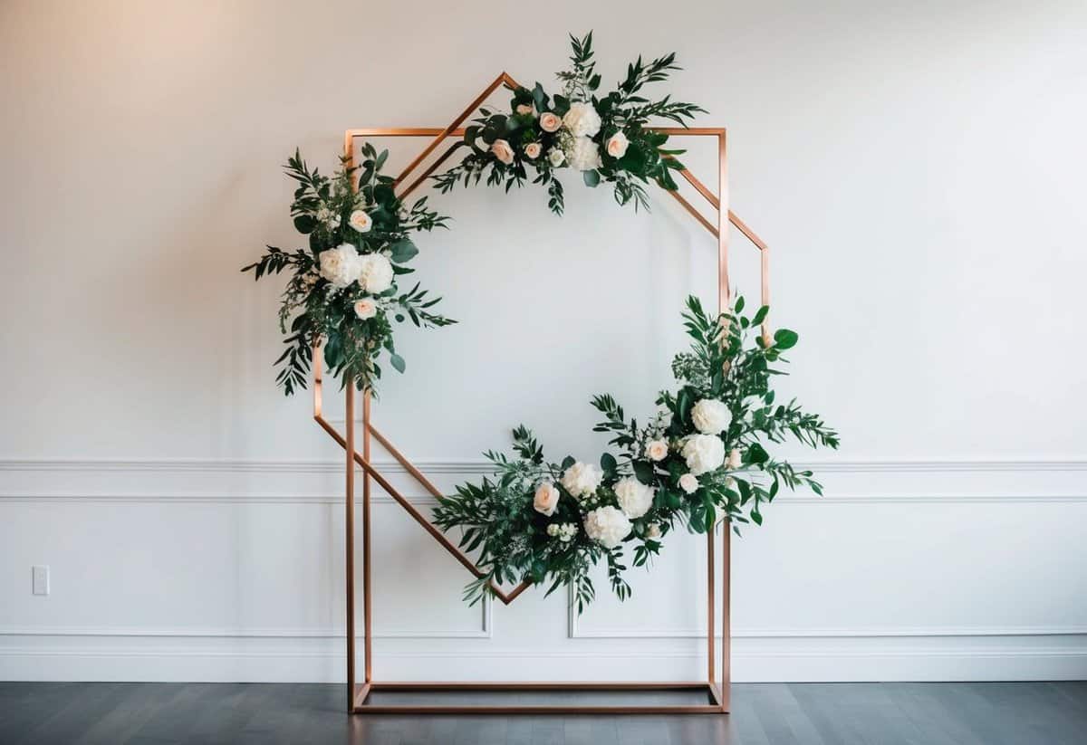 A geometric copper frame stands against a white wall, adorned with flowers and greenery, creating a modern and elegant wedding backdrop