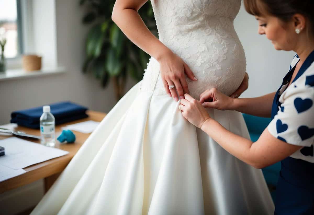 A wedding dress being altered to accommodate a large belly, with a tailor pinning and adjusting the fabric for a perfect fit