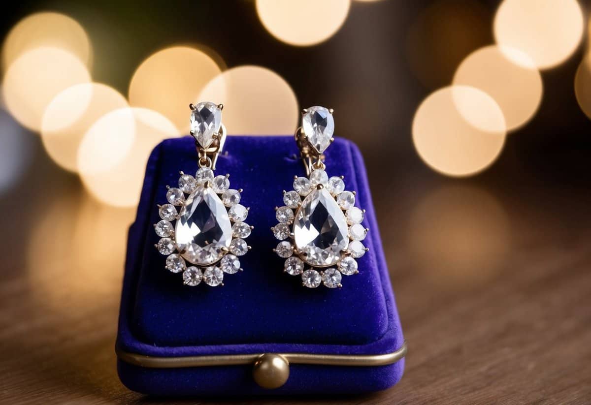 A pair of sparkling crystal clip-on earrings displayed on a elegant velvet cushion