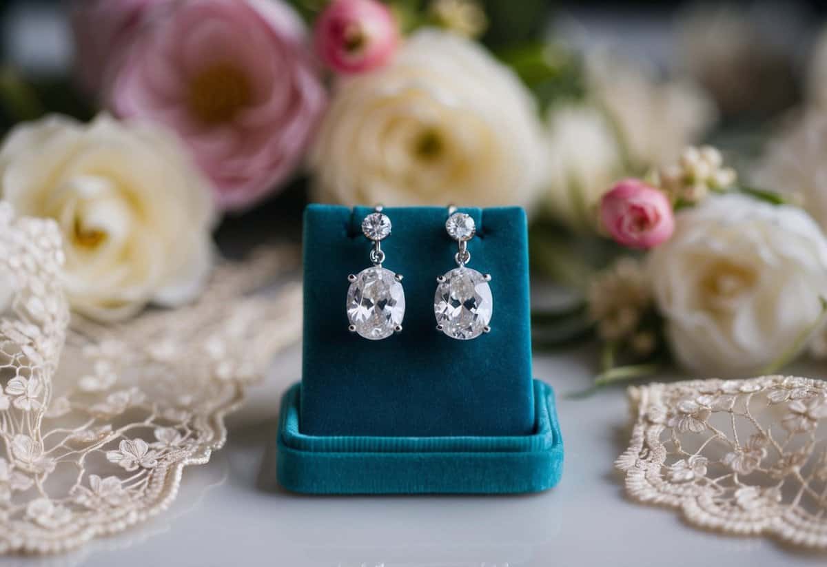 A sparkling pair of Mariell Cubic Zirconia Clip-On earrings on a velvet display, surrounded by delicate lace and floral accents