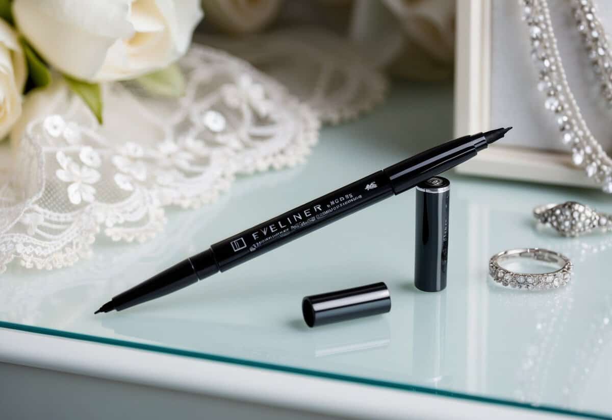 A sleek, black eyeliner pen stands on a pristine vanity, surrounded by delicate lace and glittering jewelry