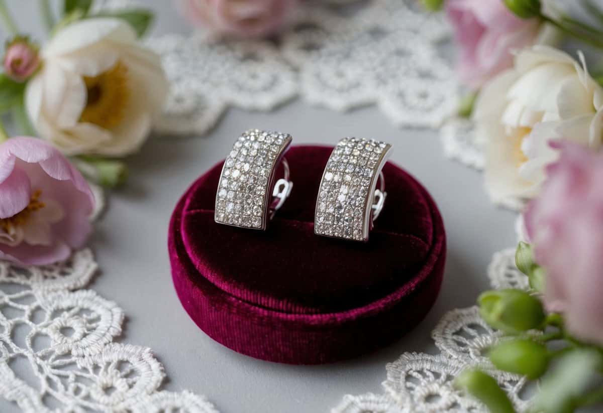 A pair of Swarovski Attract Soul Clip Earrings sparkling on a velvet cushion, surrounded by delicate lace and floral details