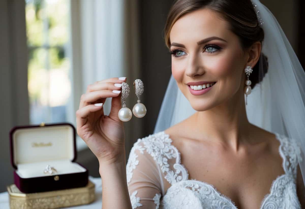 A bride holding a pair of elegant pearl clip-on earrings, with a jewelry box and wedding veil in the background