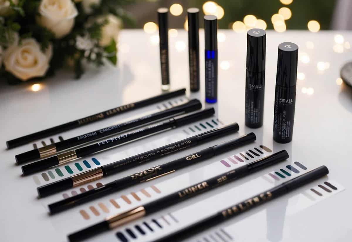 A table displaying various types of eyeliners, including pencil, liquid, and gel, with swatches on different skin tones for a wedding makeup look