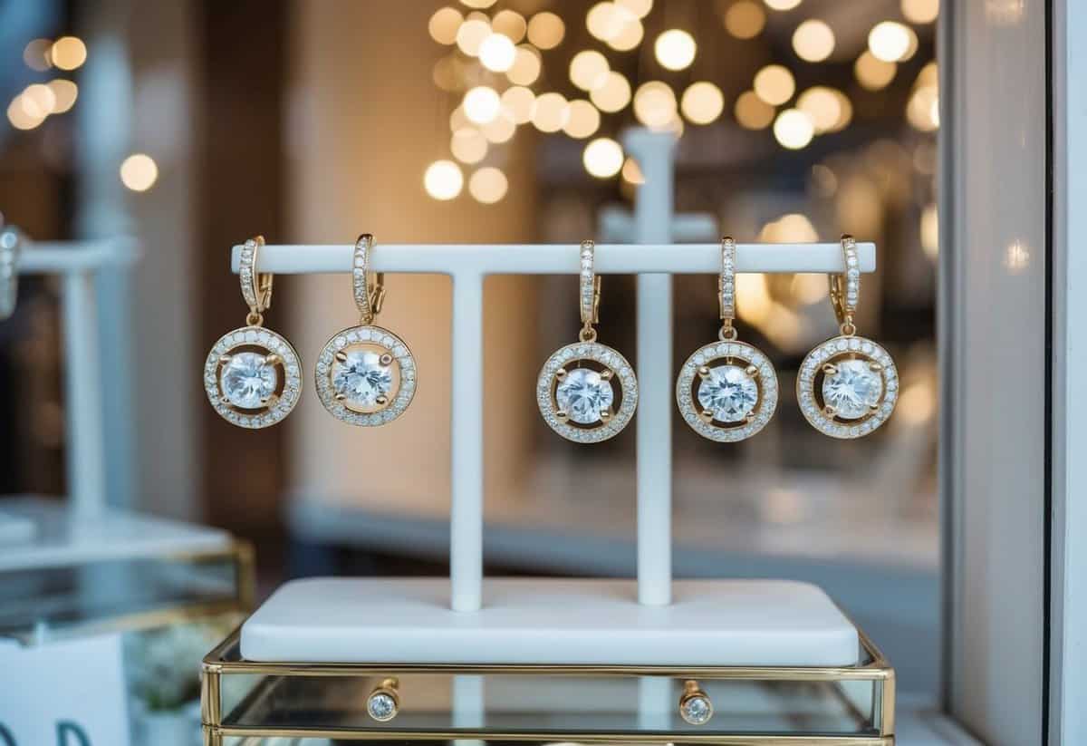 A display of vintage CZ round clip-on earrings in a shop window, with soft lighting and a wedding theme