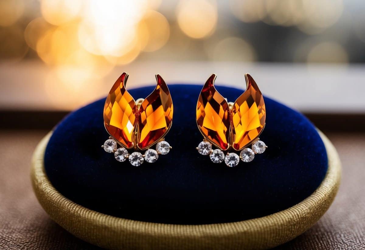 A pair of dazzling flame crystal clip earrings displayed on a velvet cushion in a luxurious setting