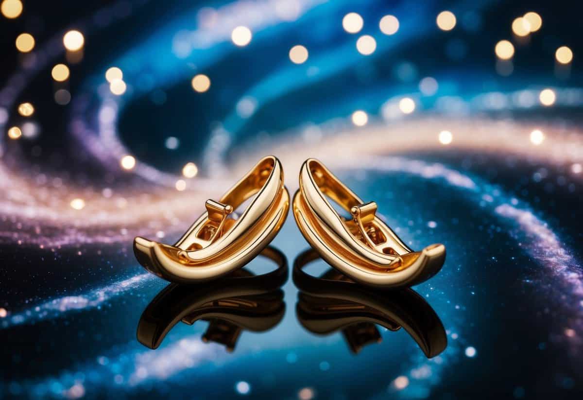 A pair of elegant gold clip earrings set against a celestial backdrop of swirling galaxies and twinkling stars