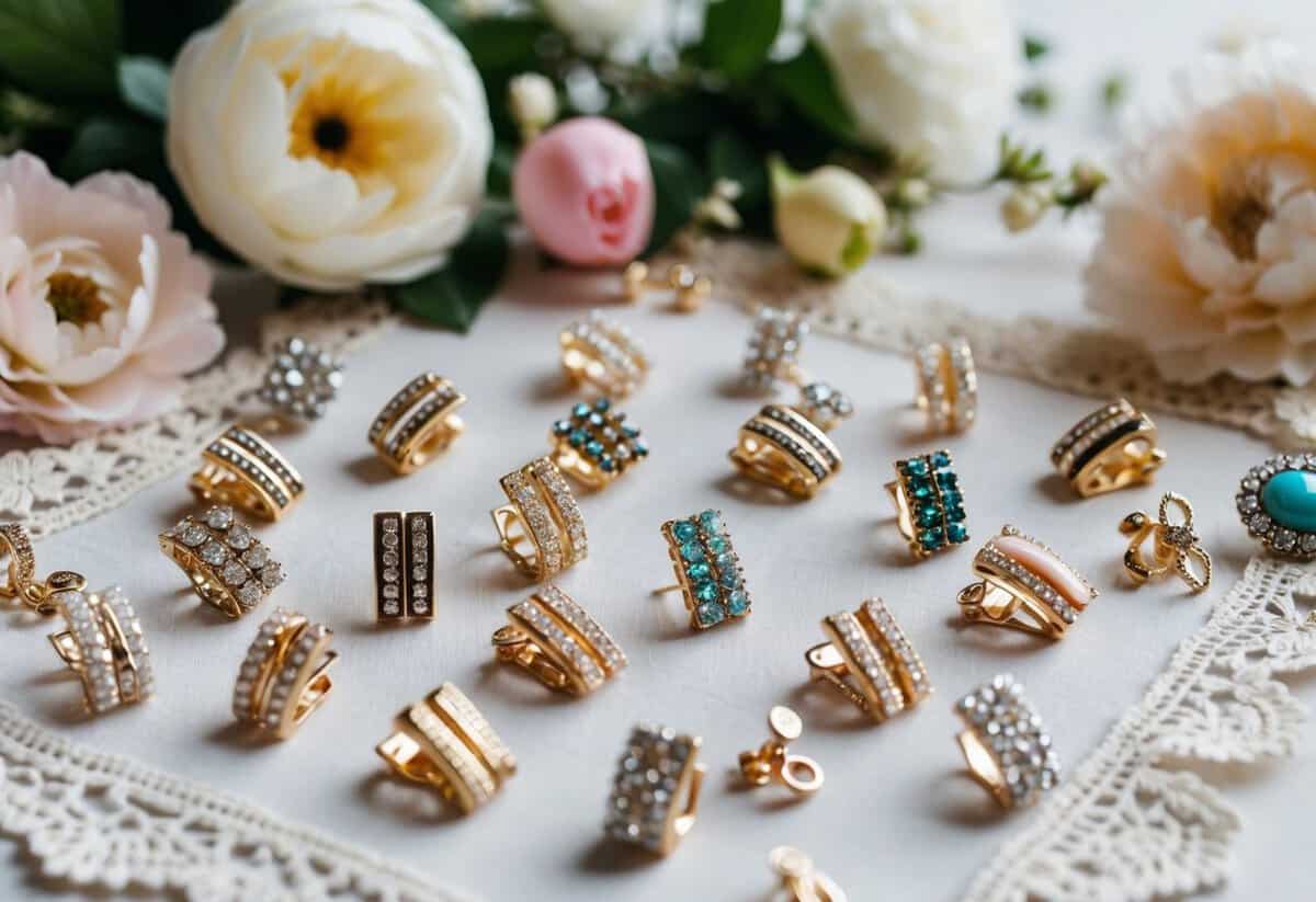 A table scattered with various elegant clip-on earrings, surrounded by delicate lace and floral decorations