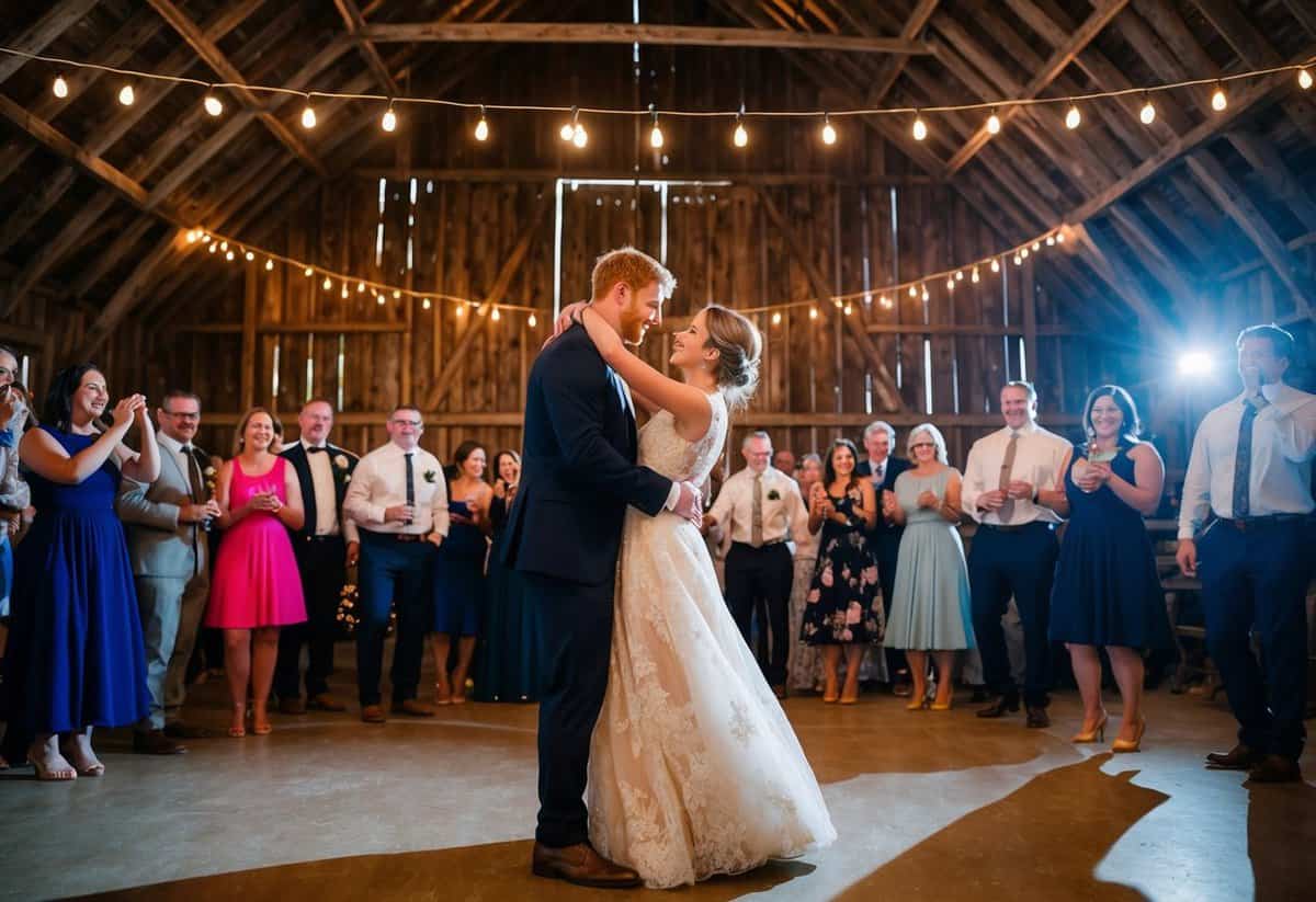 A couple dances under twinkling lights in a rustic barn, surrounded by loved ones, as Ed Sheeran's music fills the air